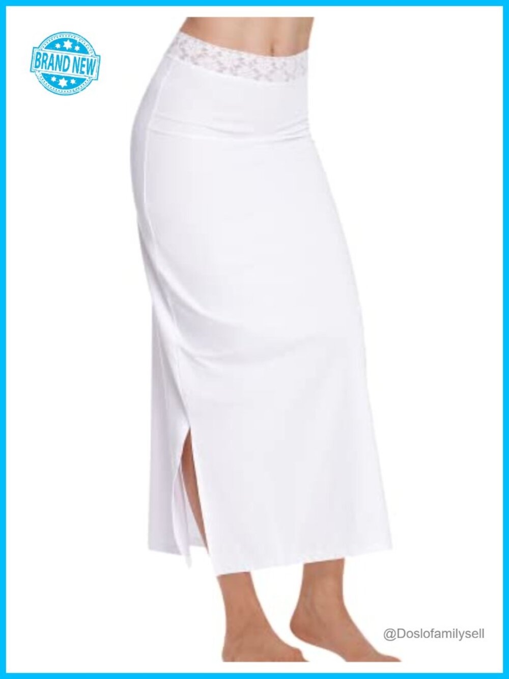 Women's Long Half Slip Lace Waistband Side Slit A-Line Midi Underskirt